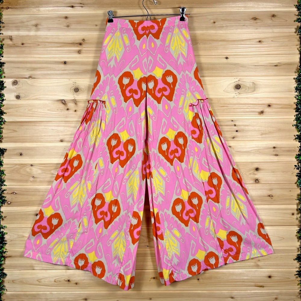 Feather & Find Pants Womens XS Pink Vega Funny Girl Ikat Print Wide Leg Palazzo